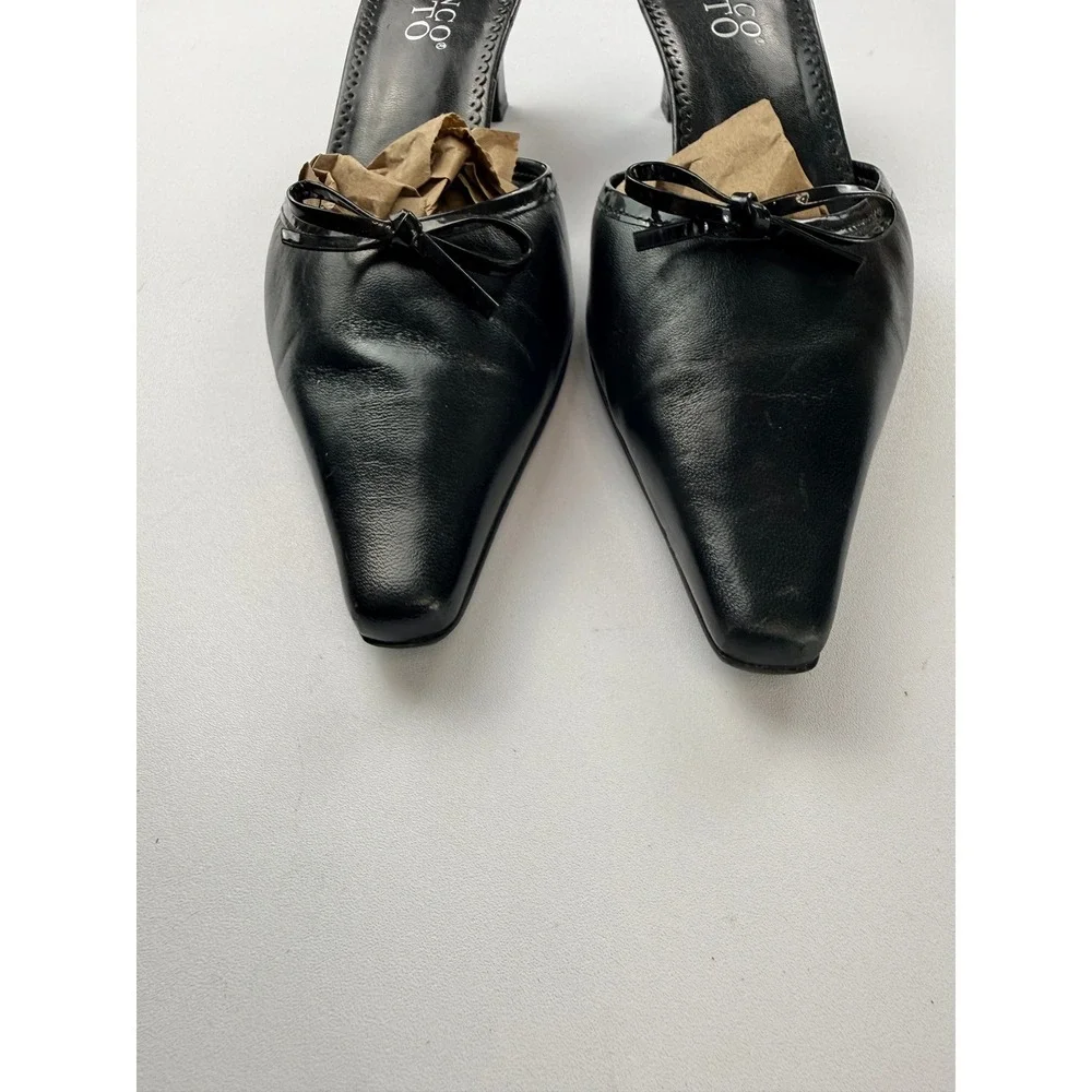Franco Sarto Black Leather Bow Square Toe Mule Heels Size 8.5M Y2K Balletcore